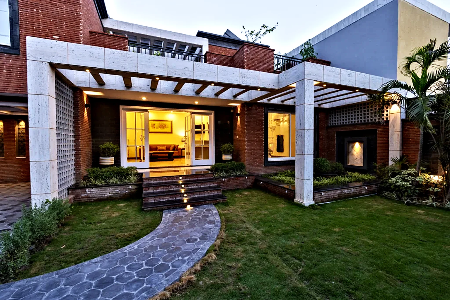 Clinic entrance at dusk with warm interior lighting
